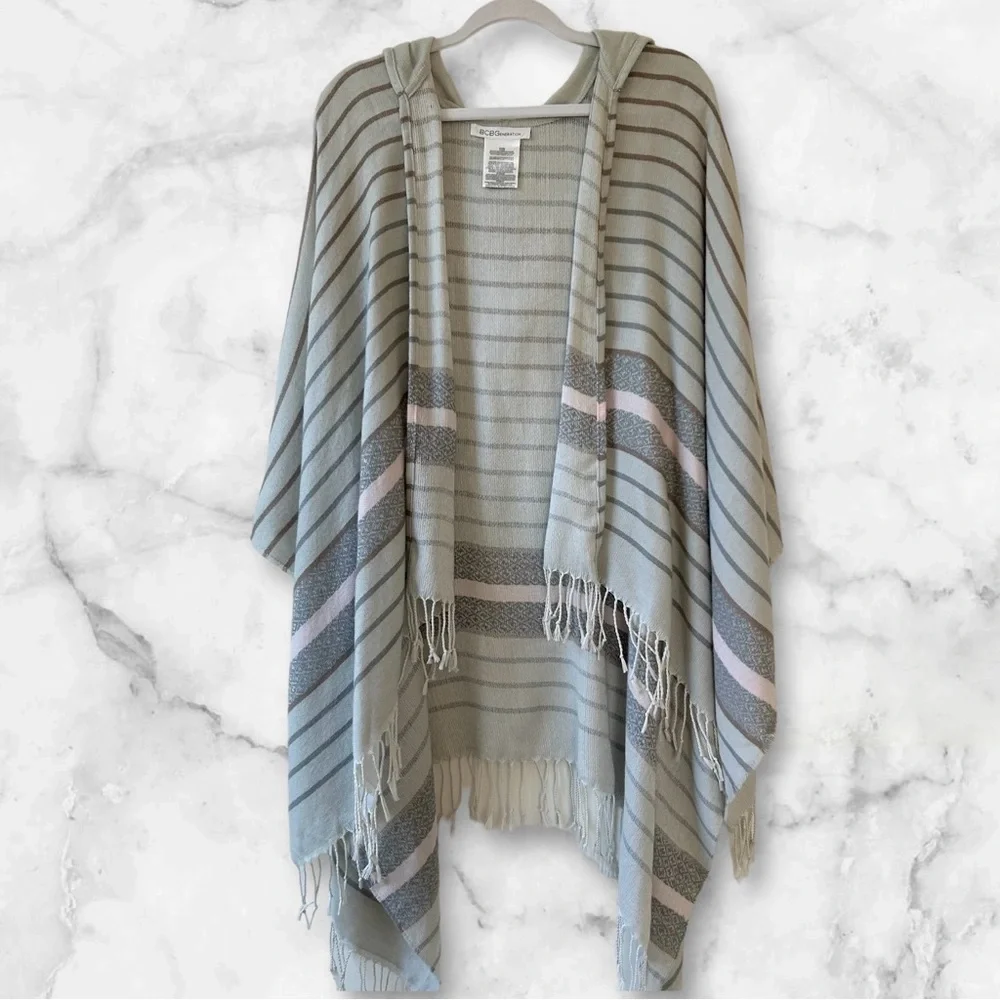 BCBG Women’s Gray Striped Shawl Wrap Fringed Open Cardigan OS